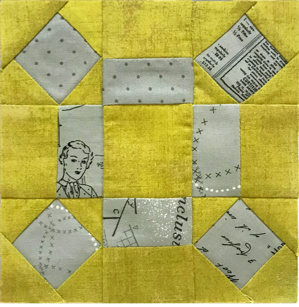 Free quilt along Blockheads 2018, Block 36: Rolling Stone Fabrics used in the block are from Moda, Basic Grey GRUNGE and Zen Chic PAPER and MORE PAPER