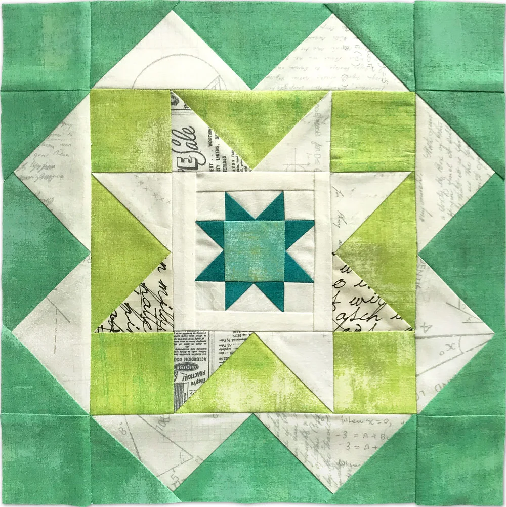 Free quilt along Blockheads 2018, Block 38: Anchor Point Fabrics used in the block are from Moda, Basic Grey GRUNGE and Zen Chic PAPER