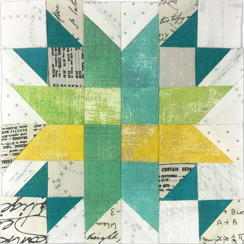 Free quilt along Blockheads 2018, Block 40: Ribbon Star Fabrics used in the block are from Moda, Basic Grey GRUNGE and Zen Chic PAPER