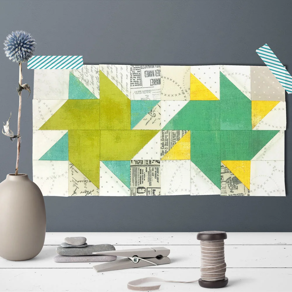 Free quilt along Blockheads 2018, Block 41: Bella Spinners Fabrics used in the block are from Moda, Basic Grey GRUNGE and Zen Chic PAPER