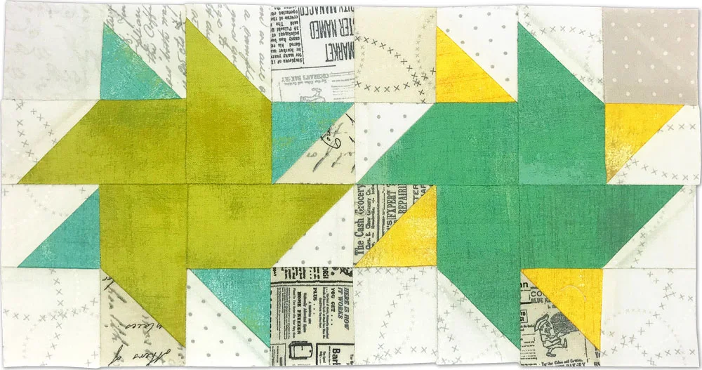 Free quilt along Blockheads 2018, Block 41: Bella Spinners Fabrics used in the block are from Moda, Basic Grey GRUNGE and Zen Chic PAPER
