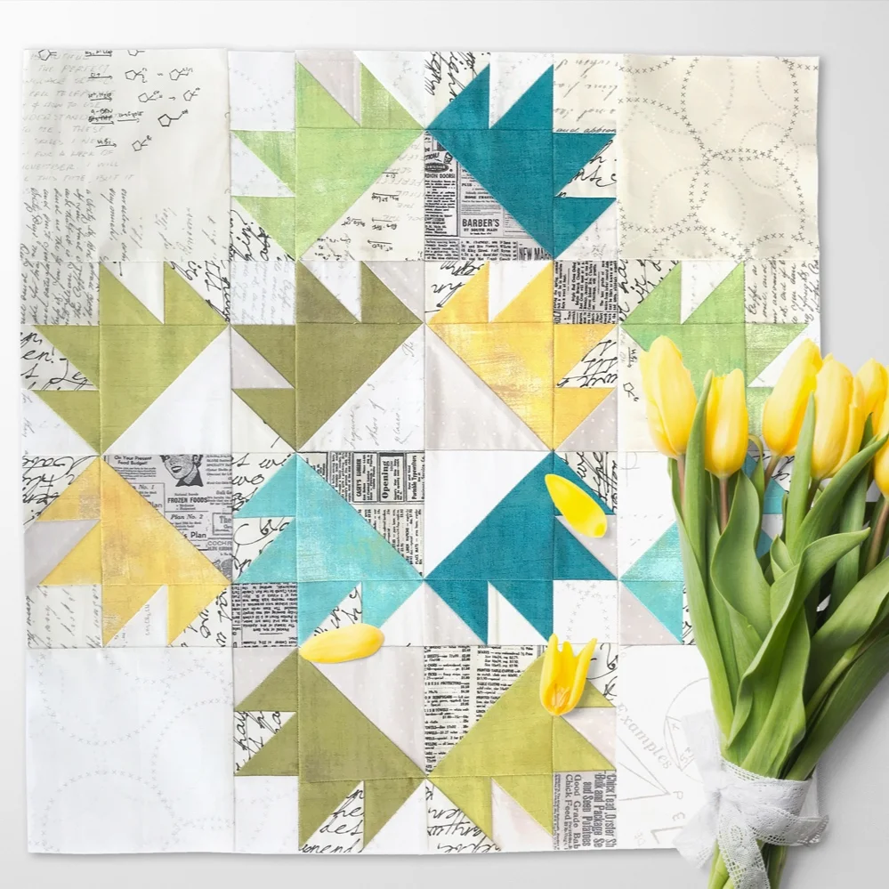 Free quilt along Blockheads 2018, Block 45: Twelve Crowns Fabrics used in the block are from Moda, Basic Grey GRUNGE and Zen Chic PAPER