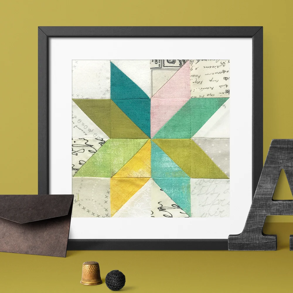 Free quilt along Blockheads 2018, Block 46: On Point Star Fabrics used in the block are from Moda, Basic Grey GRUNGE and Zen Chic PAPER