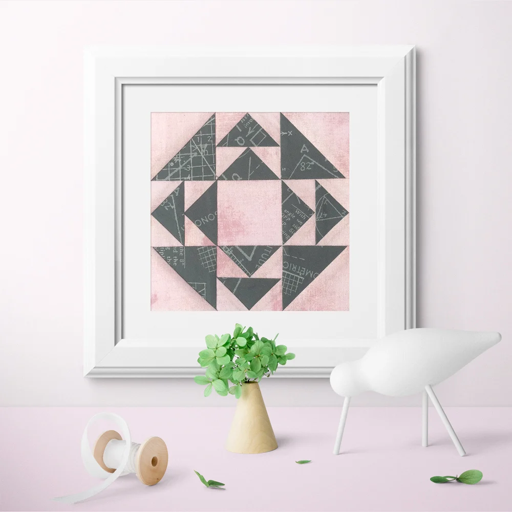 Free quilt along Blockheads 2018, Block 49: Cups and Saucers Fabrics used in the block are from Moda, Basic Grey GRUNGE and Zen Chic PAPER