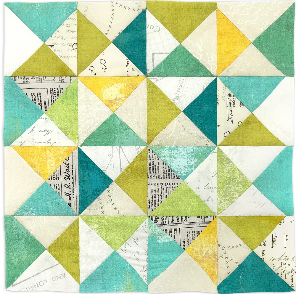 Free quilt along Blockheads 2018, Block 50: Vintage Fabrics used in the block are from Moda, Basic Grey GRUNGE and Zen Chic PAPER