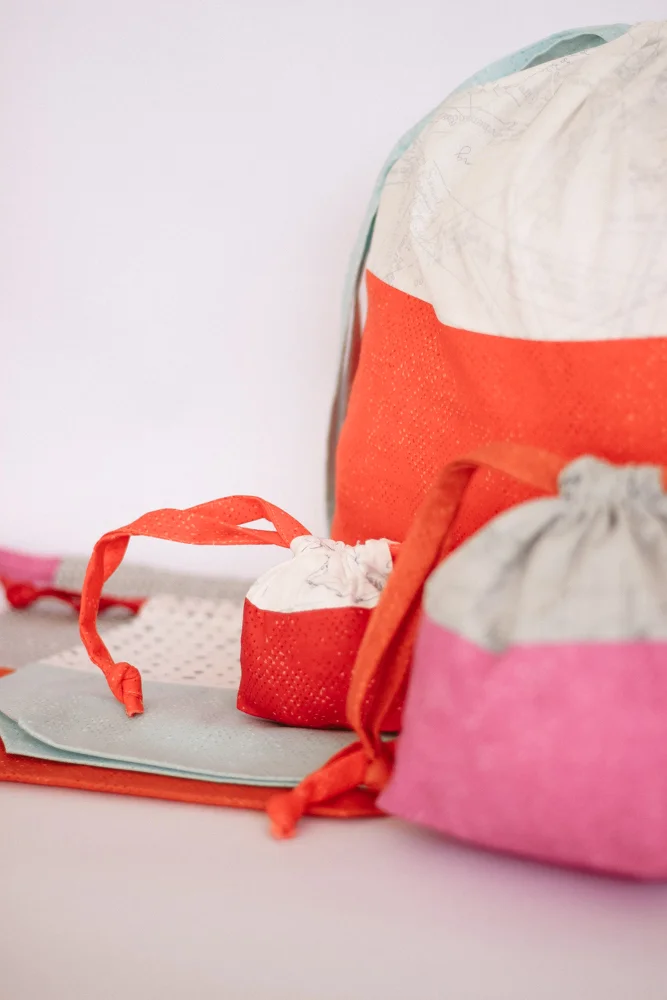 Zen Chic’s Spotted New Colors and More Paper fabric collections are perfect for Purl Soho’s free drawstring bags pattern.