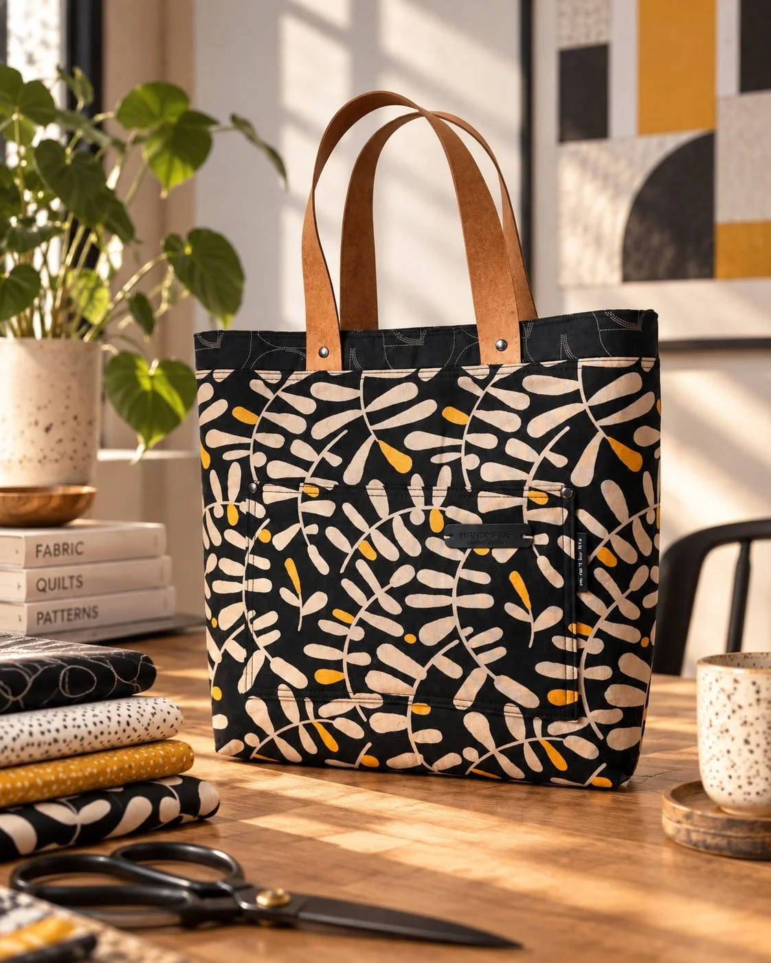 Handmade Sheridan Tote bag sewn by Gaby Beck using MIRA fabrics by Zen Chic, photographed in soft daylight.