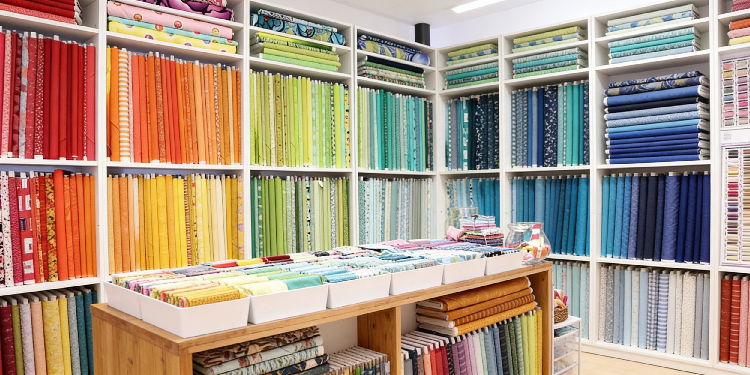 Well-organized quilt fabric store with modern quilting fabrics arranged by color on white shelves, showing a rainbow gradient from red to blue