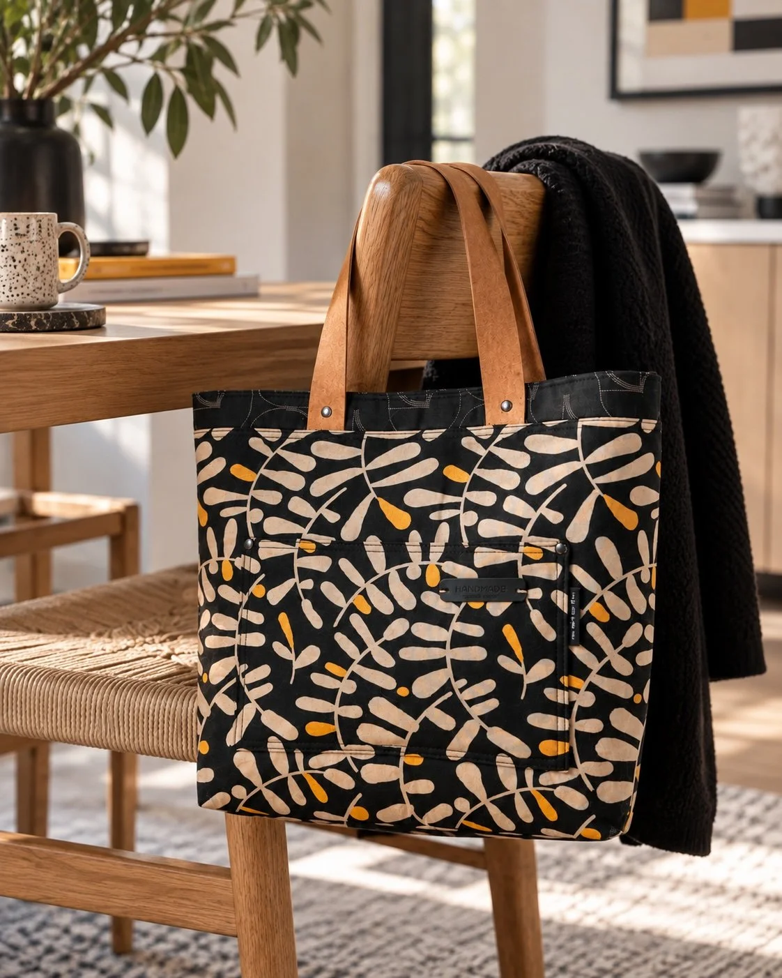 Handmade MIRA Sheridan Tote styled in a modern home setting, showing the finished bag ready for everyday use.
