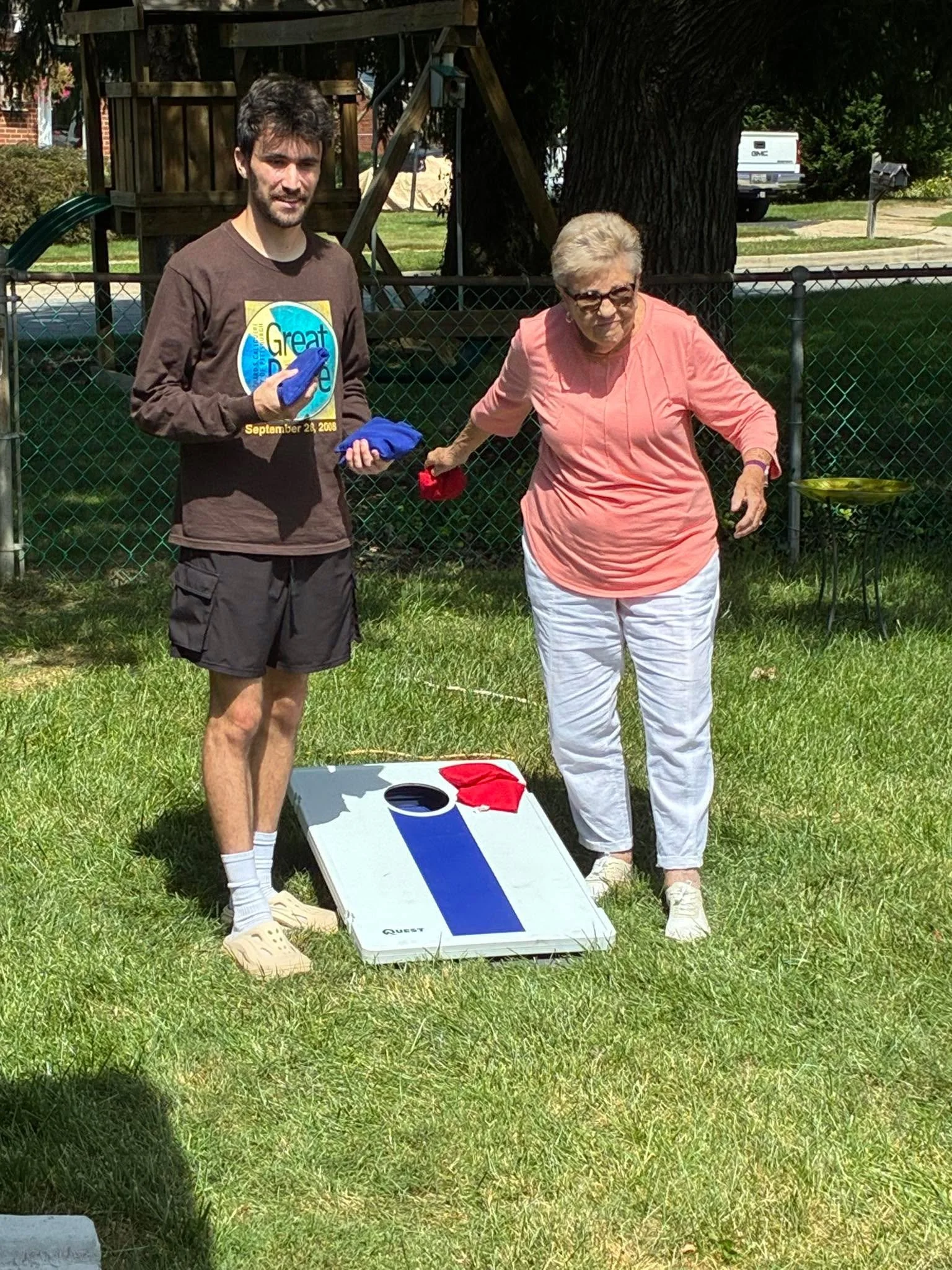 How do you celebrate Labor Day? Grandma Jane Brecher woopin&rsquo; up on her grandson in corn hole.