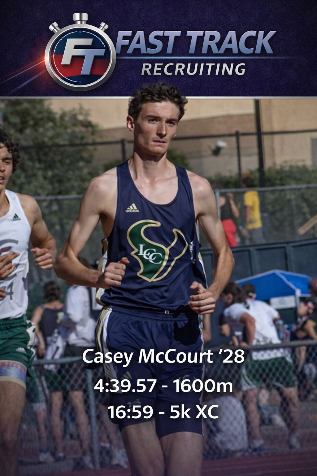 Promotional graphic for Fast Track Recruiting featuring a male cross-country runner in a blue uniform with a green and white logo, running on a track with spectators in the background.