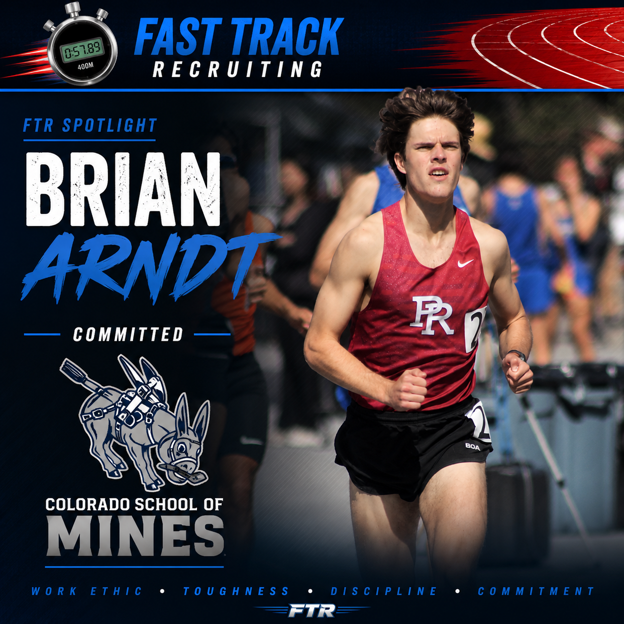 A young male athlete with long, wavy brown hair running on a track, wearing a red sleeveless shirt with white letters "PR" and a black watch, with a race number 4 attached to his shorts.