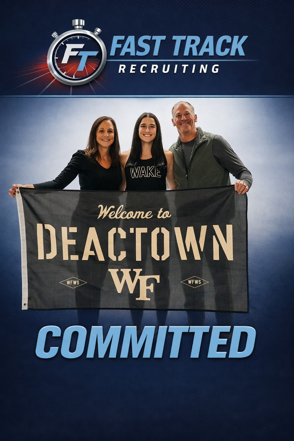 People holding a banner that says "Welcome to Deactown W F" at a recruitment event for Fast Track Recruiting.
