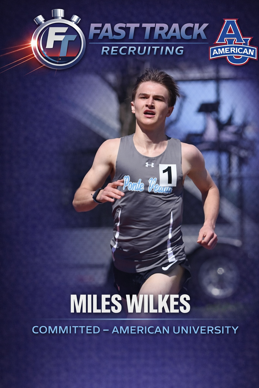 A young woman running in a cross country race, wearing a light blue racing uniform with 'Ponte Vedra' written on it and the number 1894, shows determination as she competes in the race.
