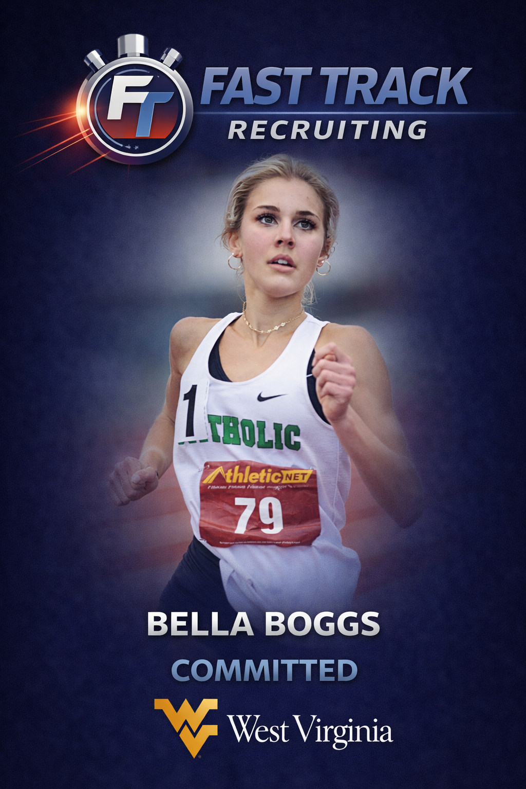 Young female athlete running on a track during a race, wearing a white athletic jersey with green letters that say 'THOLIC' and a number bib 79, with a focused expression on her face.