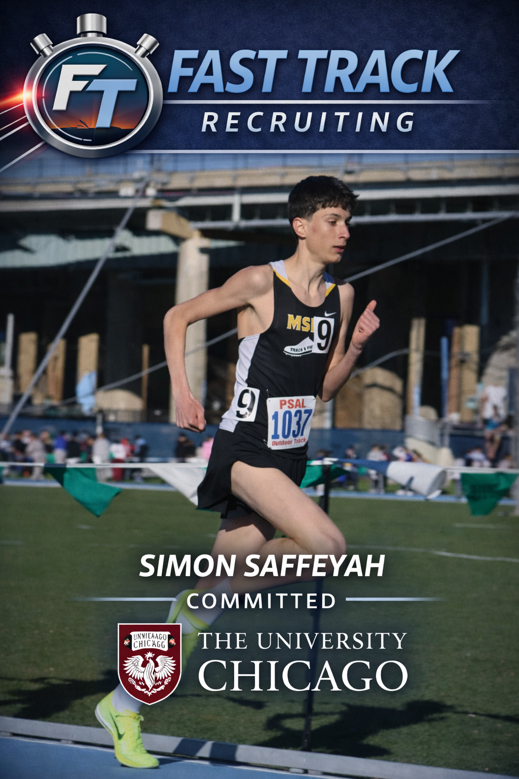 A male runner in black athletic gear with a race bib number 1037 competing in a track race near a stadium with a bridge in the background.