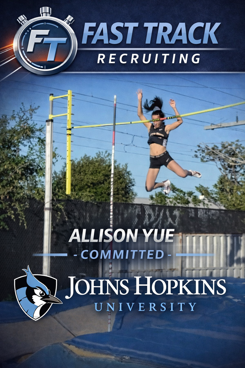 A girl in mid-air on a trampoline, jumping over a high bar at an outdoor trampoline park, with several children seated nearby watching.