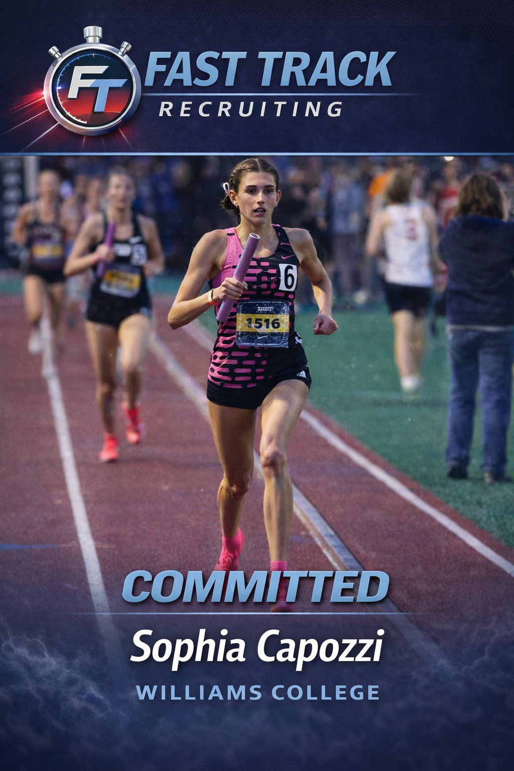 Two female runners competing in a track race, with a crowd of spectators in the background.