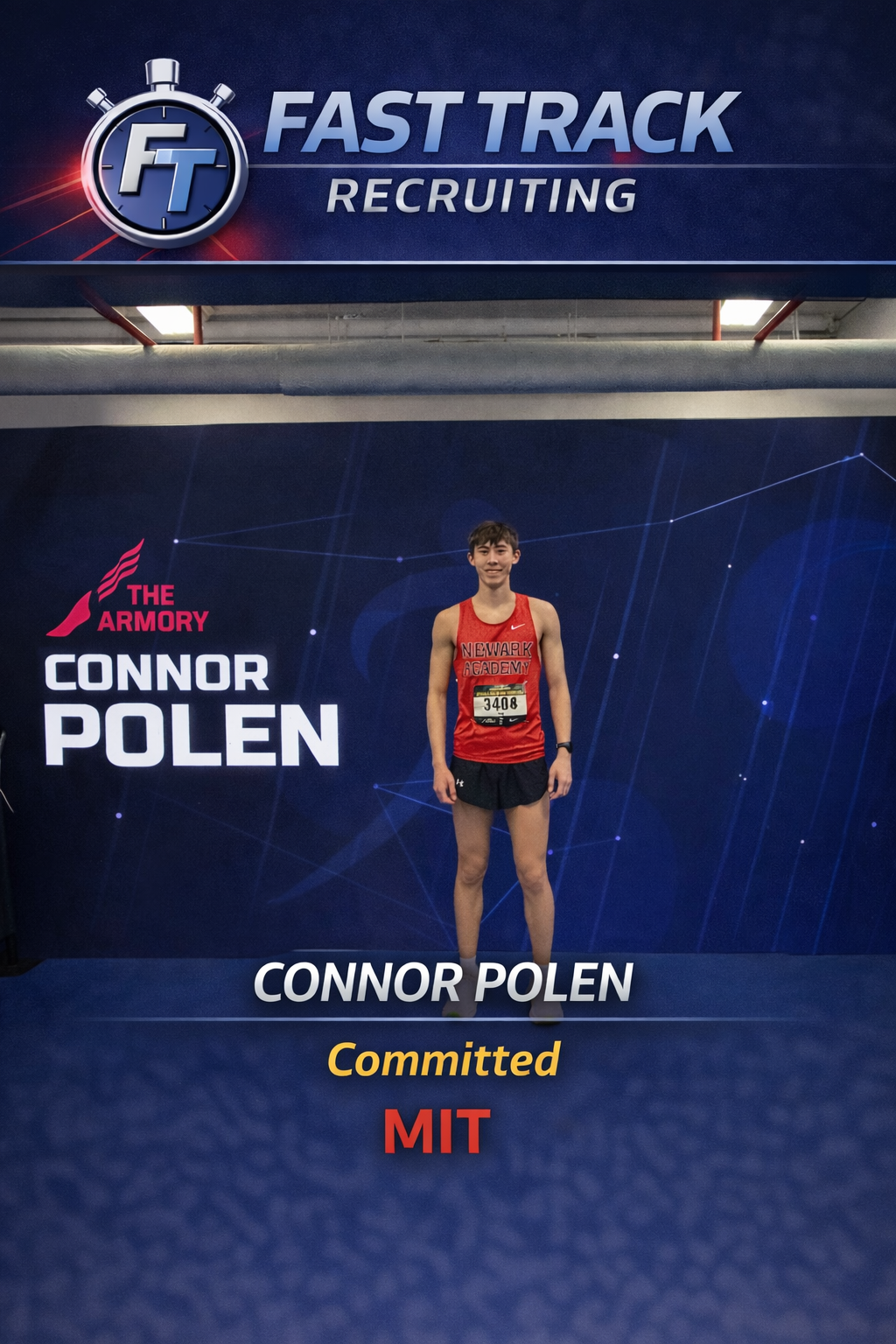 Young male sprinters at the start of a race on an outdoor track, with city buildings in the background.