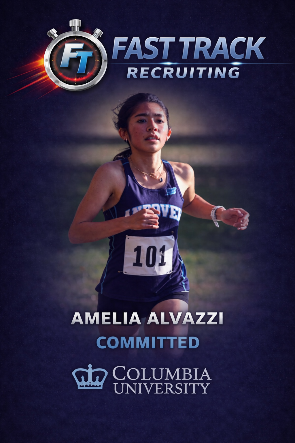 Female runner with bib number 101 running outdoors on a grassy field.