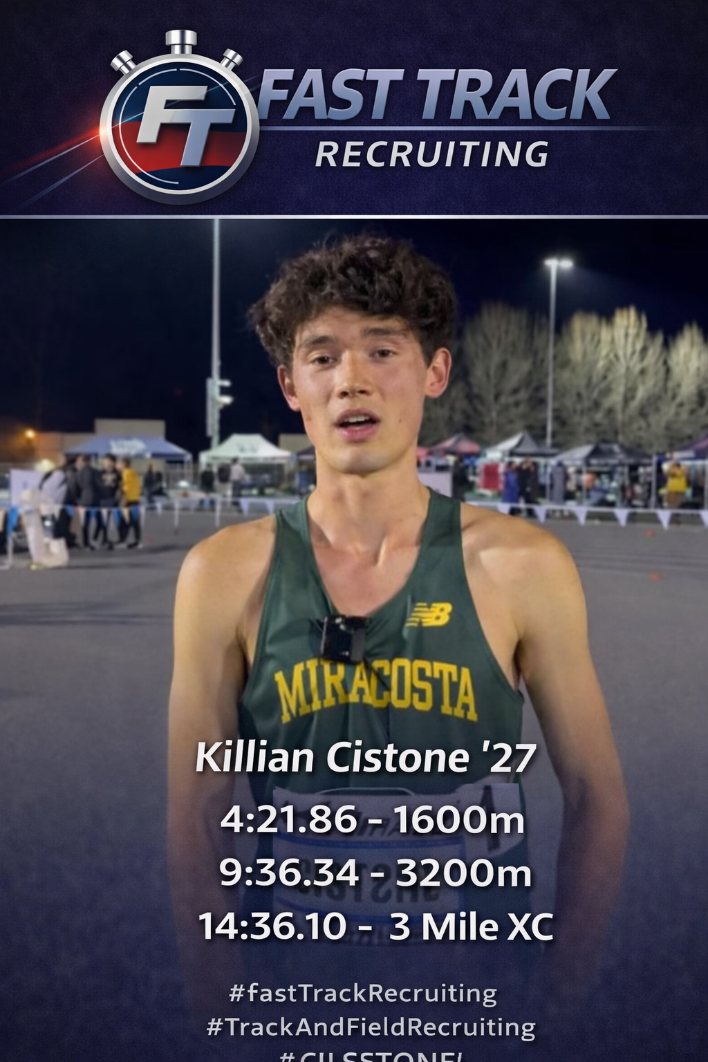 Poster for Fast Track Recruiting featuring a young male runner in a green Miracosta race uniform at a nighttime outdoor event.