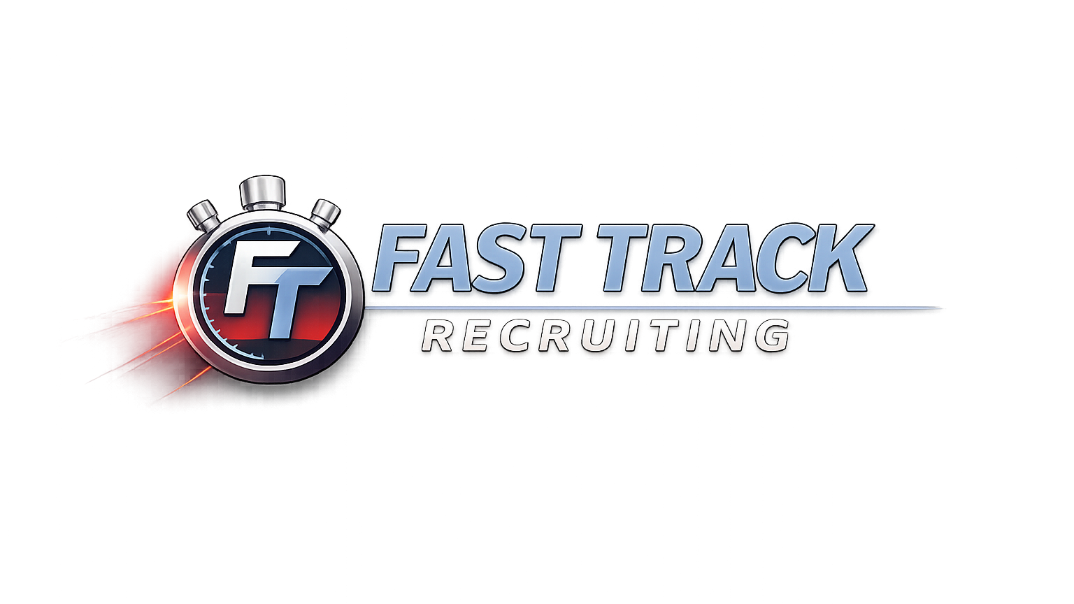 Logo for Fast Track Recruiting featuring a stopwatch with the initials 'FT' inside, with a sleek and modern font for the company name.