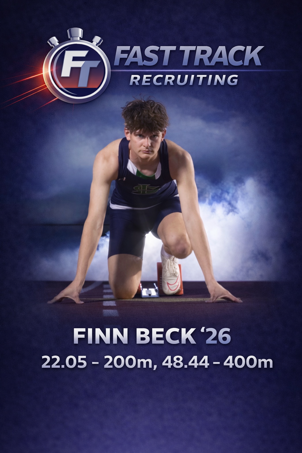A young male athlete in an outdoor track field, wearing a USA sports uniform, standing at the starting line; it is a sunny day with a clear sky.