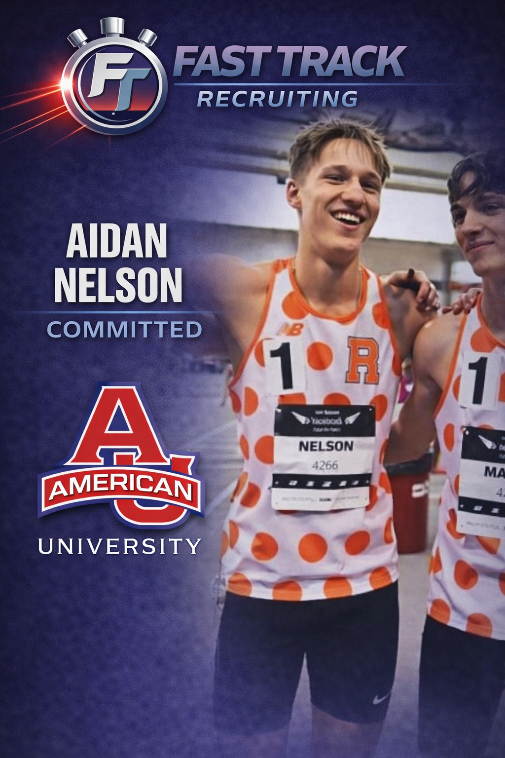 Young male athletes competing in a track race on a red running track, with spectators watching from the stands and a tent in the background.