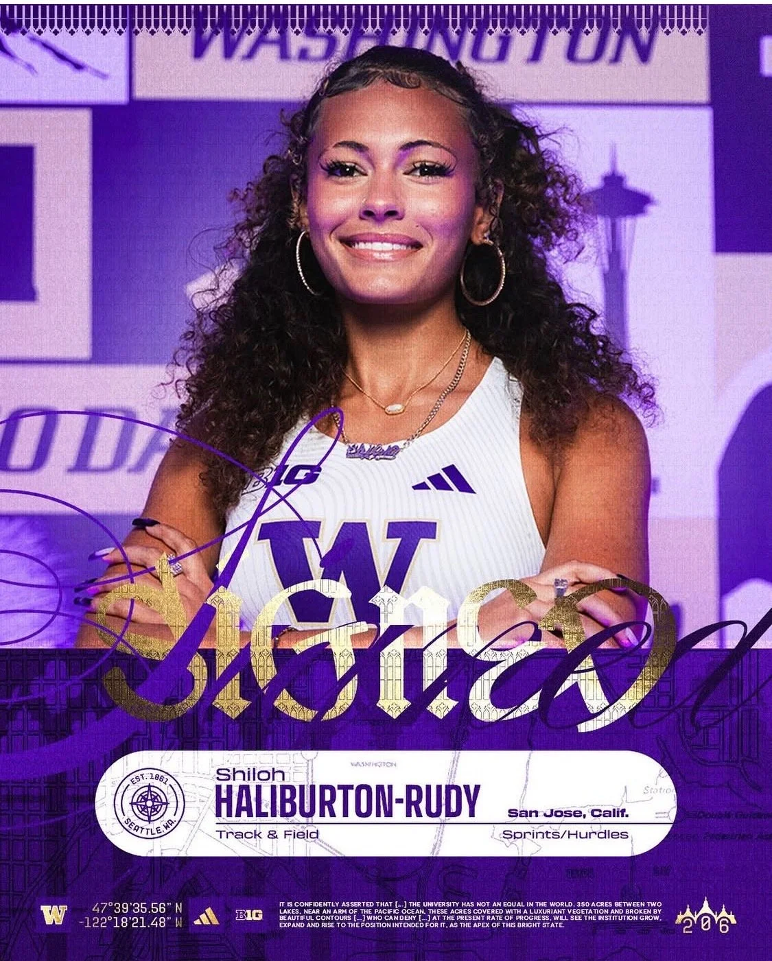 Young female athlete running hurdles on a track at a relay race, with other competitors behind her. Text overlay reads 'Meet Day' and 'West Coast Relays | @clovis'. A circular logo with 'AM' is on the left side.