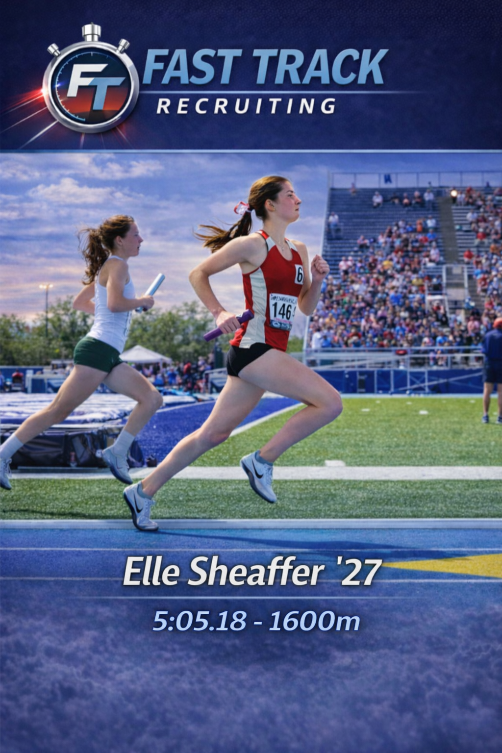 Cover photo of a track and field event featuring two female athletes running on a blue track, with one in front wearing a red and white uniform and the other behind in a white top and green shorts, against a stadium background filled with spectators, during the evening sky.