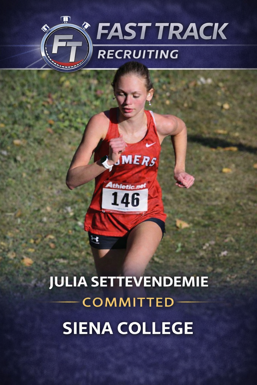 A female cross country runner in a red uniform with the number 146, running outdoors on a grassy trail.