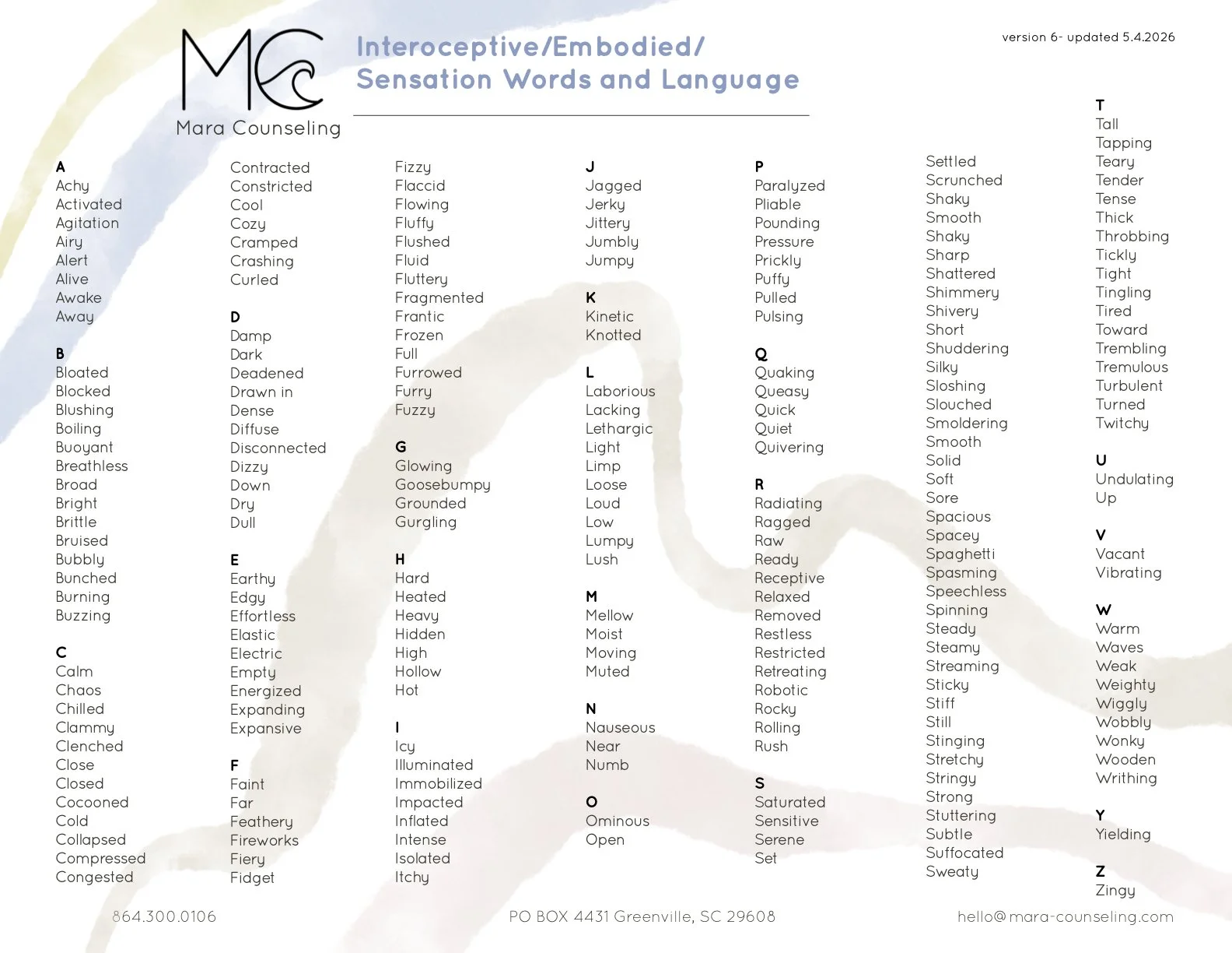 A chart titled "Interoceptive/Embodied/Sensation Words and Language" with alphabetized lists of words describing sensations and feelings.