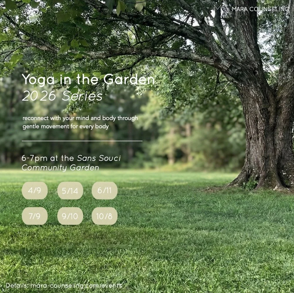 Flyer for 'Yoga in the Garden' 2026 Series, with a background of a large tree and a grassy garden, detailing class times and dates at the Sans Souci Community Garden from 4/9 to 10/8, with a website link at the bottom.