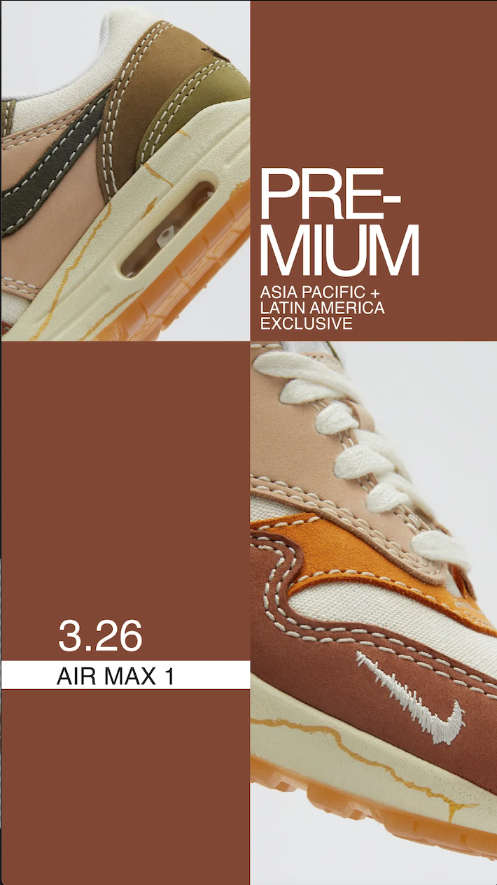 Close-up of two sneakers with different colorways, featuring visible air cushioning, on a brown background. Text indicates 'PREMIUM', 'Asia Pacific + Latin America Exclusive', and '3.26 Air Max 1'.