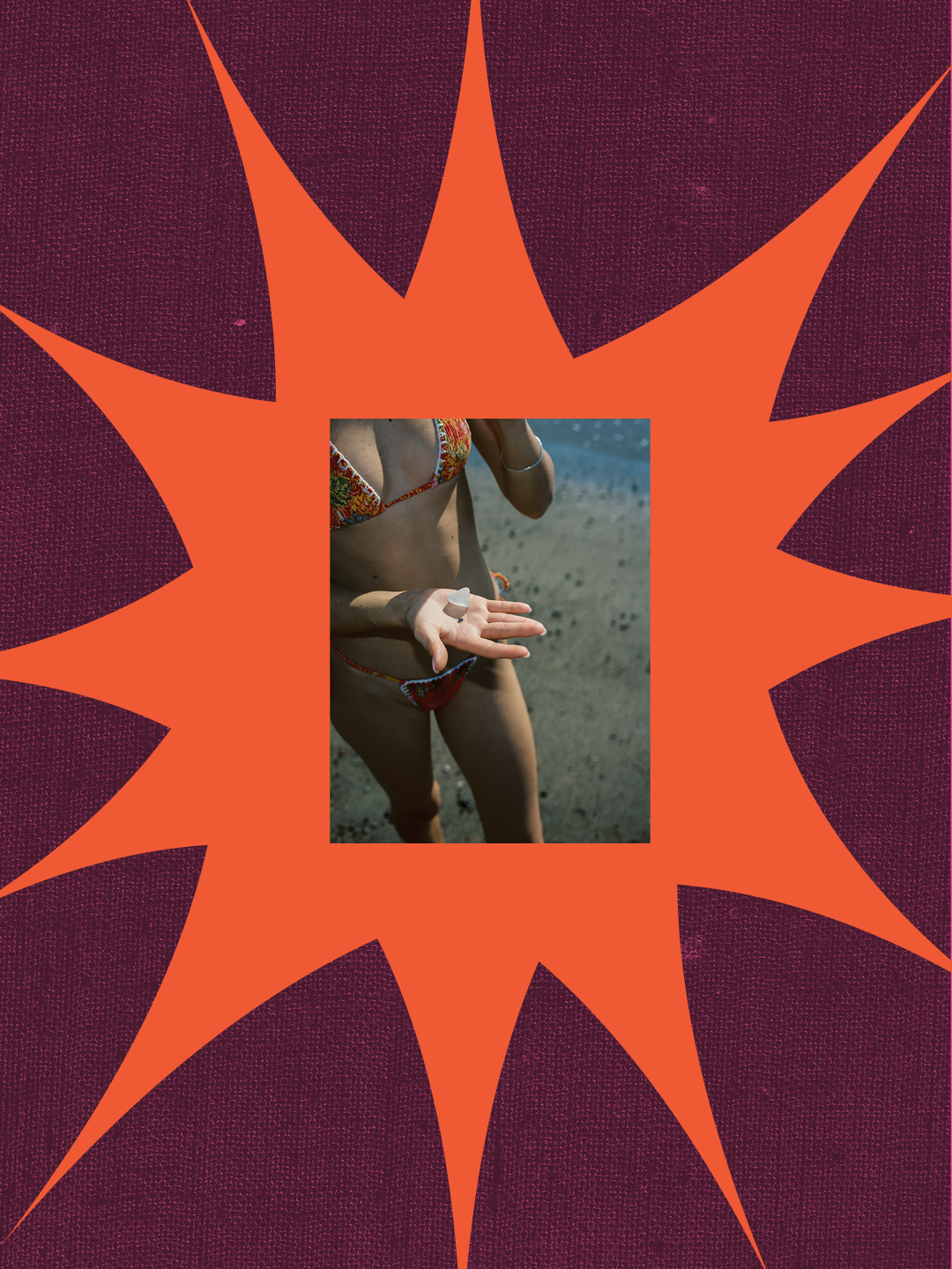 A woman in a colorful bikini on a beach, holding a pill or small object in her hand, with the ocean in the background.