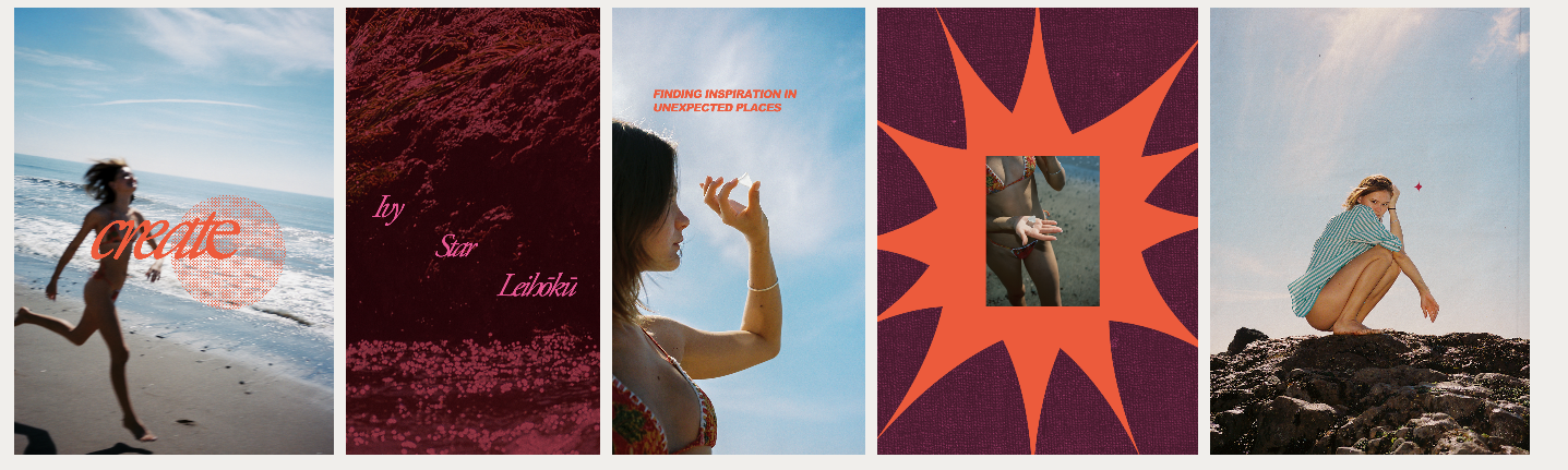 A collage of five images including a girl running on the beach, abstract red and black textured background with text, a woman enjoying the outdoors, graphic design with orange sunburst pattern, and a woman sitting on rocks by the water.