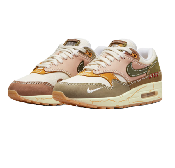 Pair of Nike sneakers with multi-tone pastel colors and a visible air cushion in the sole.