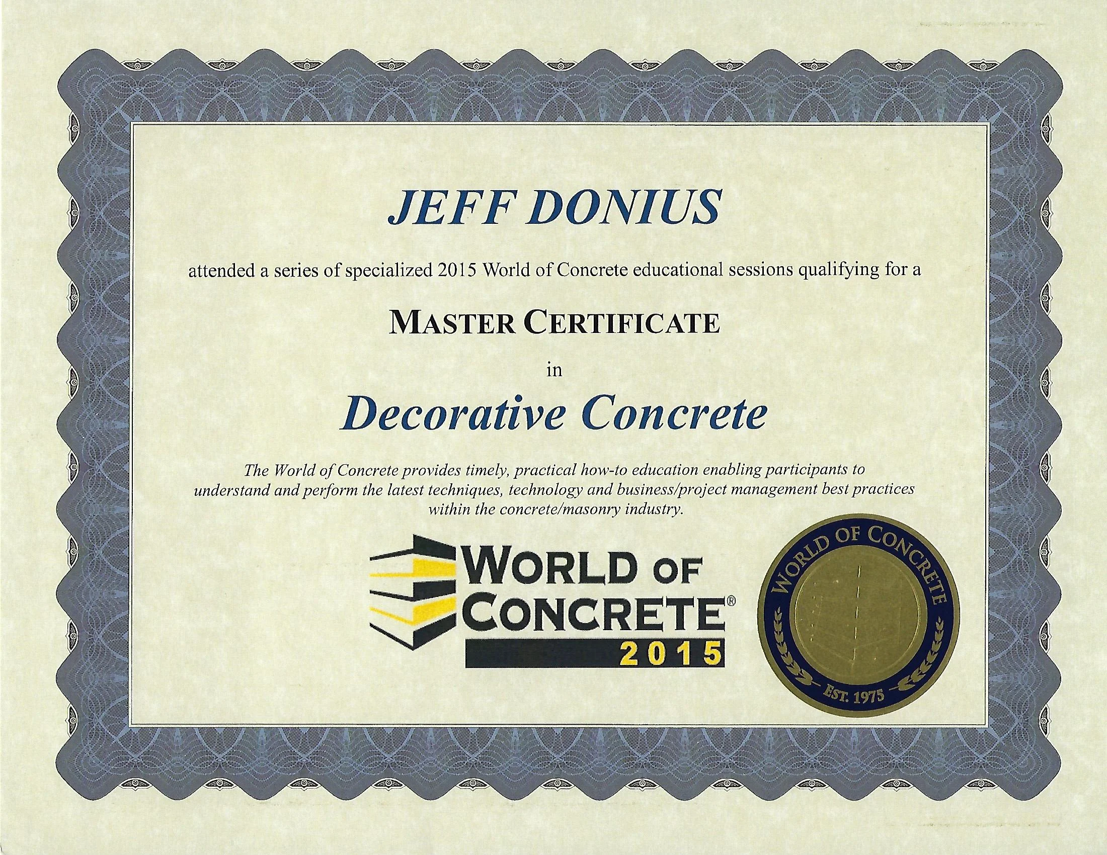Master Certificate in Decorative Concrete From 2015 World Of Concrete (WOC)