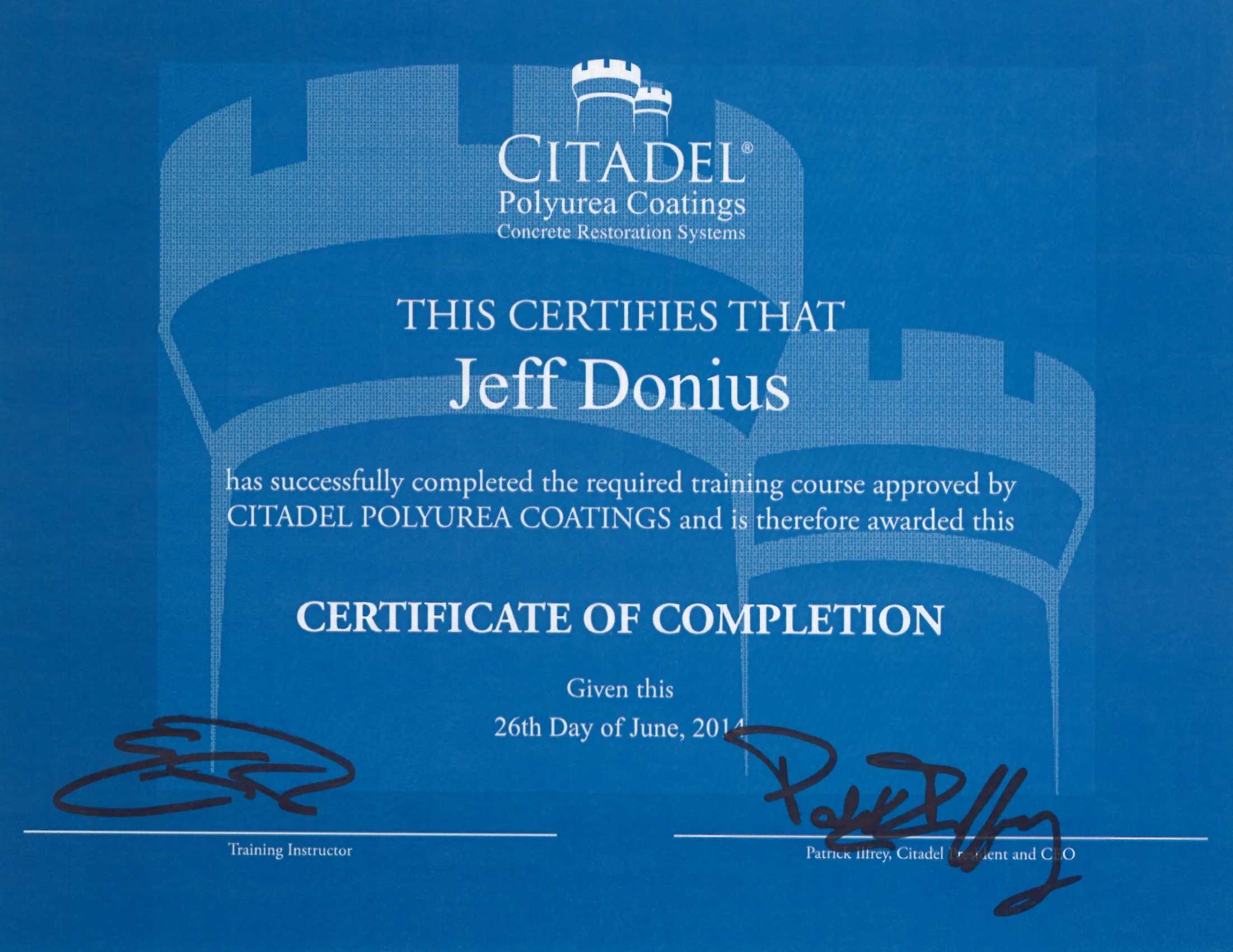 Training Certificate From Rustoleum/Citadel Polyurea Coatings