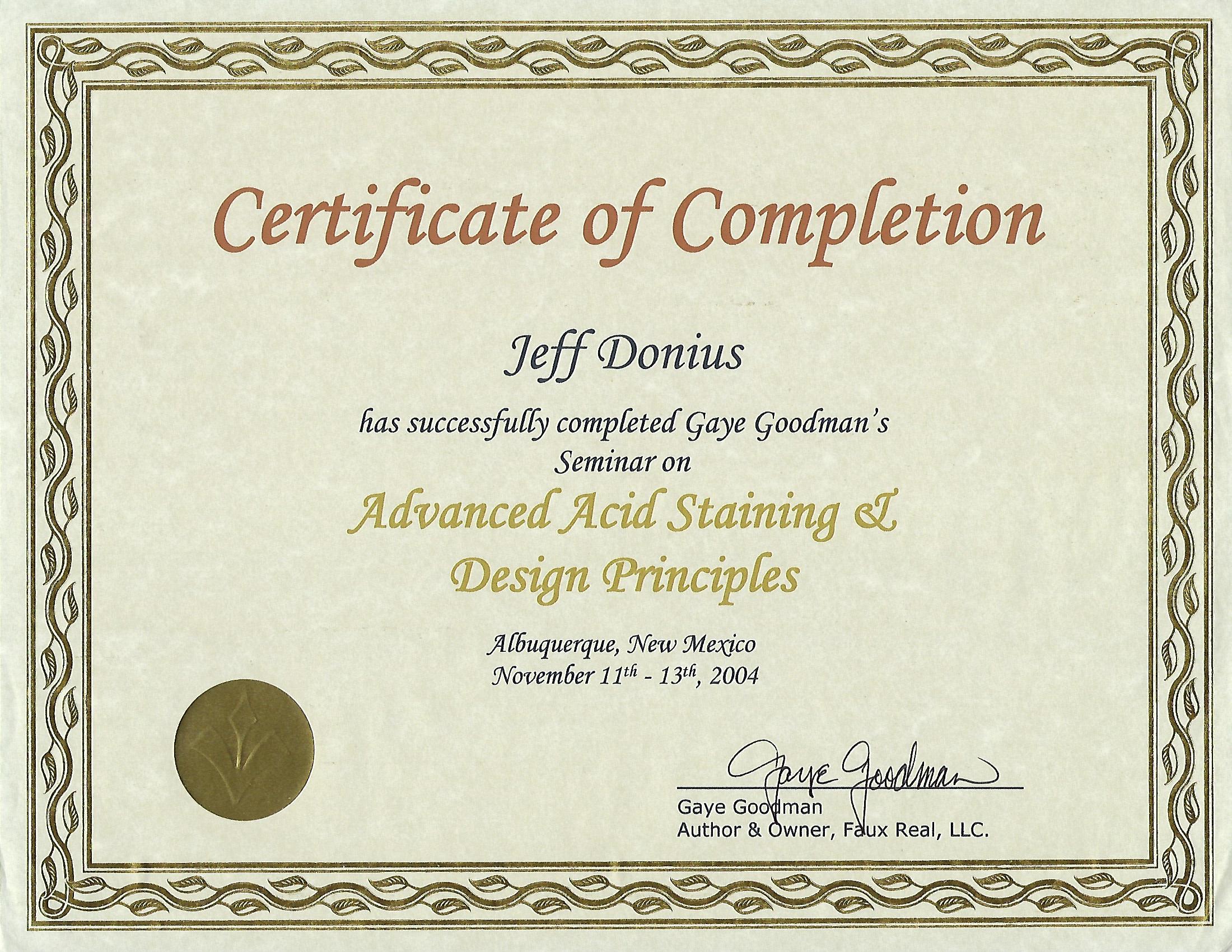 Training Certificate In Acid Staining And Faux Finishing From Gaye Goodman