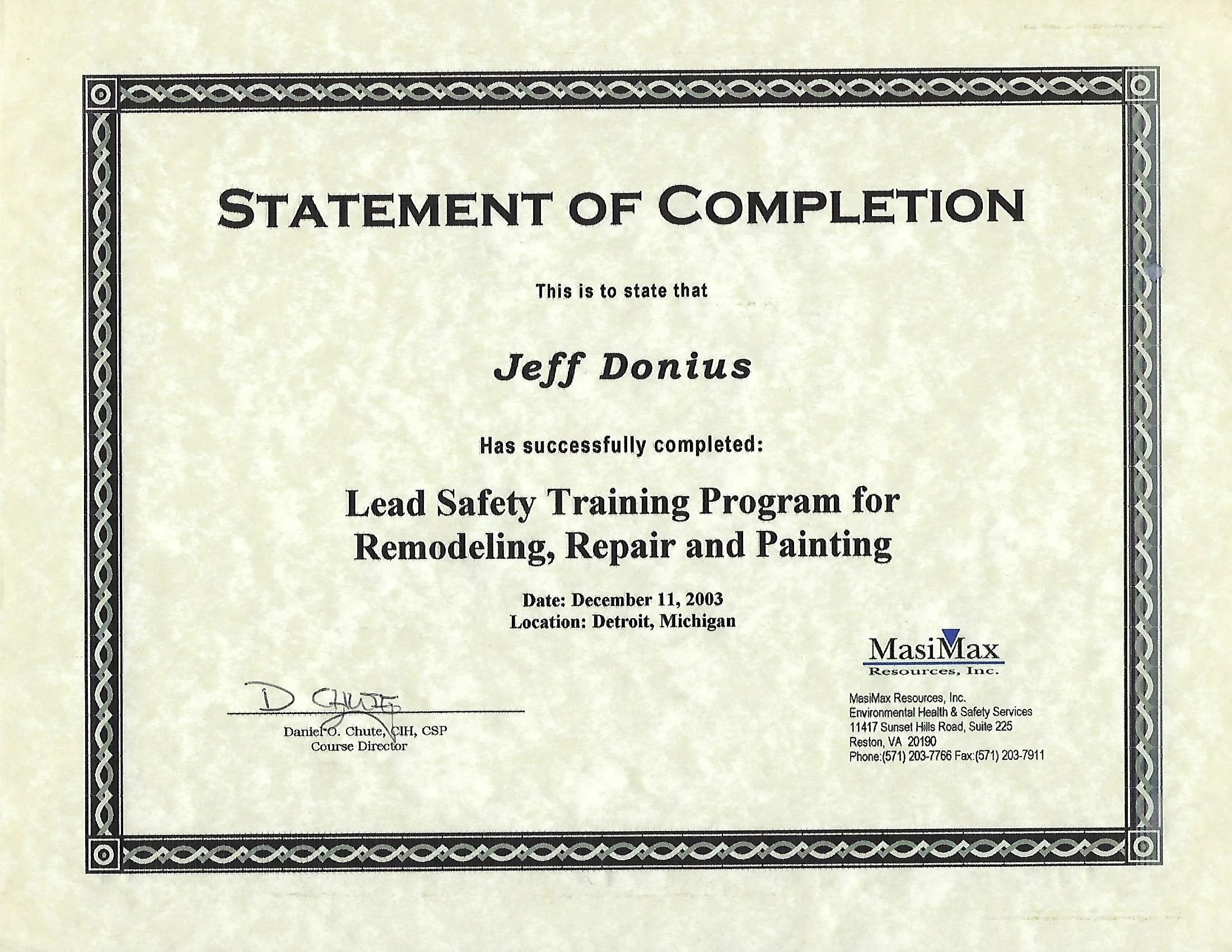 2003 Lead Safety Training Certificate