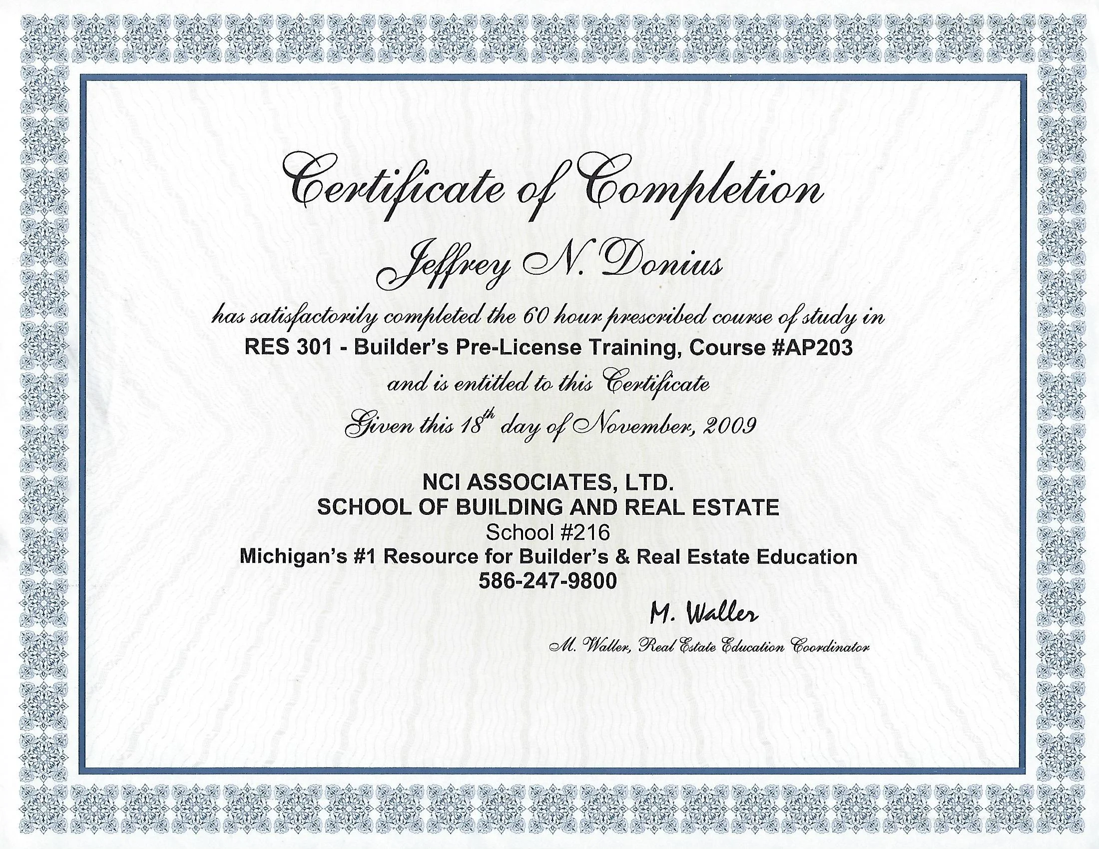 Certificate Of Completion For Michigan Residential Builder Pre-Licensure Course