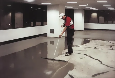 Ardex SDT is one of the best self-leveling overlays on the market. On a large flooring project, it is usually pumped through a hose, rather than poured from a plastic mixing barrel.