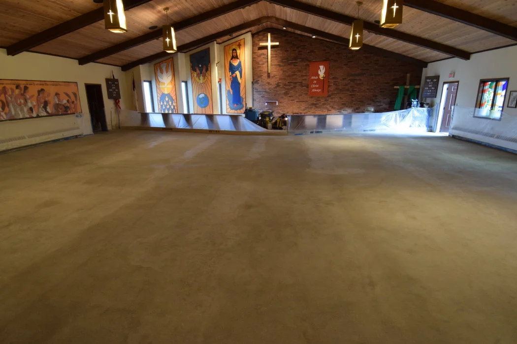 Concrete Patio During Application of Colored Cement Overlay