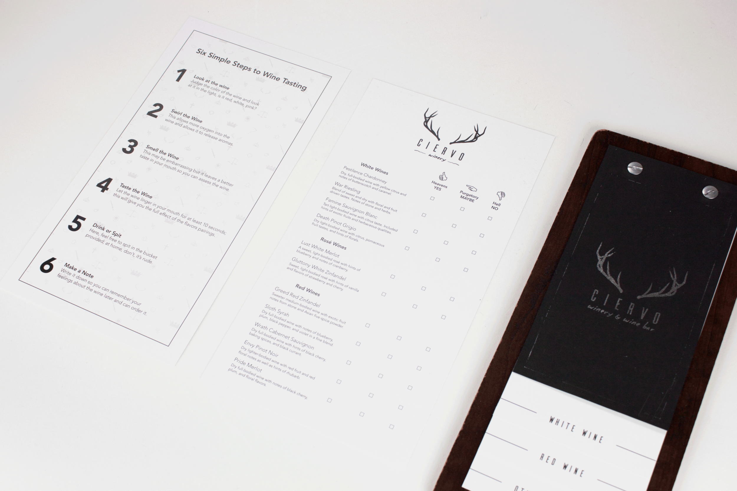 Wine tasting package for customers shows both sides of the Wine Tasting Menu that gives instructions on how to properly taste the wines as well as a fun and simple to use rating system that has the customer choose between a rating of “Heavens Yes”,