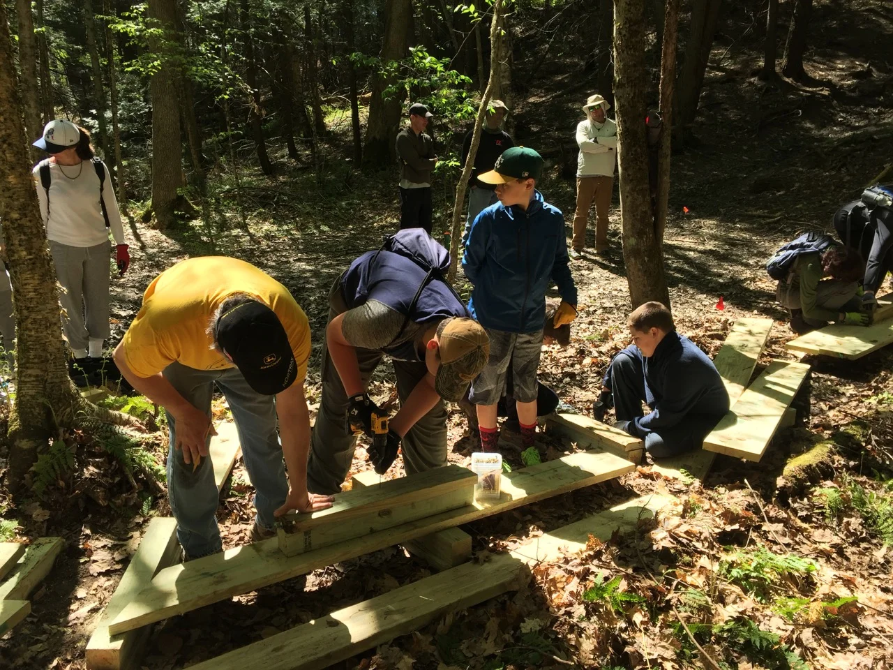 Members of Boy Scout Troop 93 help build bog bridges at Blackstrap Hill Preserve.
