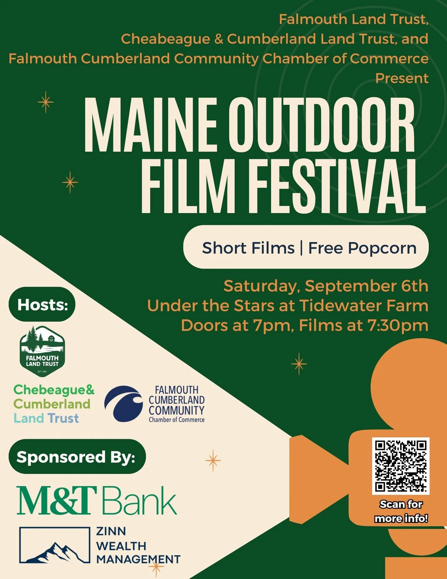FLT, @chebeaguecumblandtrust, and the Falmouth Cumberland Community Chamber of Commerce are excited to bring The Maine Outdoor Film Festival back to Tidewater Farm for a third year! Join us on Saturday, September 6th at 7pm for a film program under t