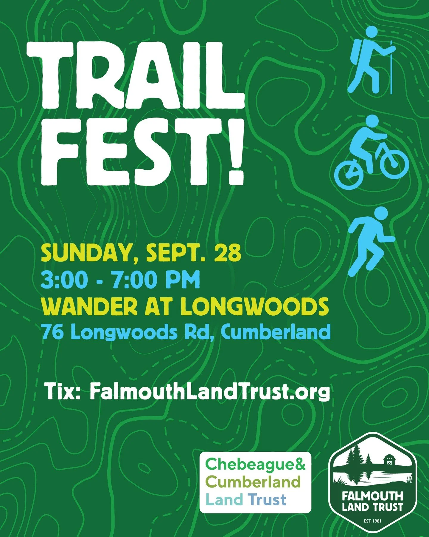 We are excited to partner with @chebeaguecumblandtrust on a new event this fall: Trail Fest! 

Join us on Sunday, September 28th from 3-7pm at @wanderatlongwoods in Cumberland for an afternoon of delicious food, live music, lawn games, kids' activiti