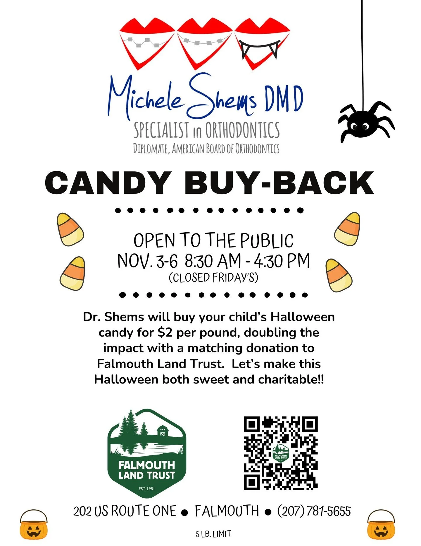A sweet opportunity to support FLT! 
Local orthodontist @drmicheleshemsdmd is running a Halloween candy buy-back program. How does it work? Dr. Shems will buy Halloween candy for $2 per pound (up to 5 pounds) and will make a donation for the same am
