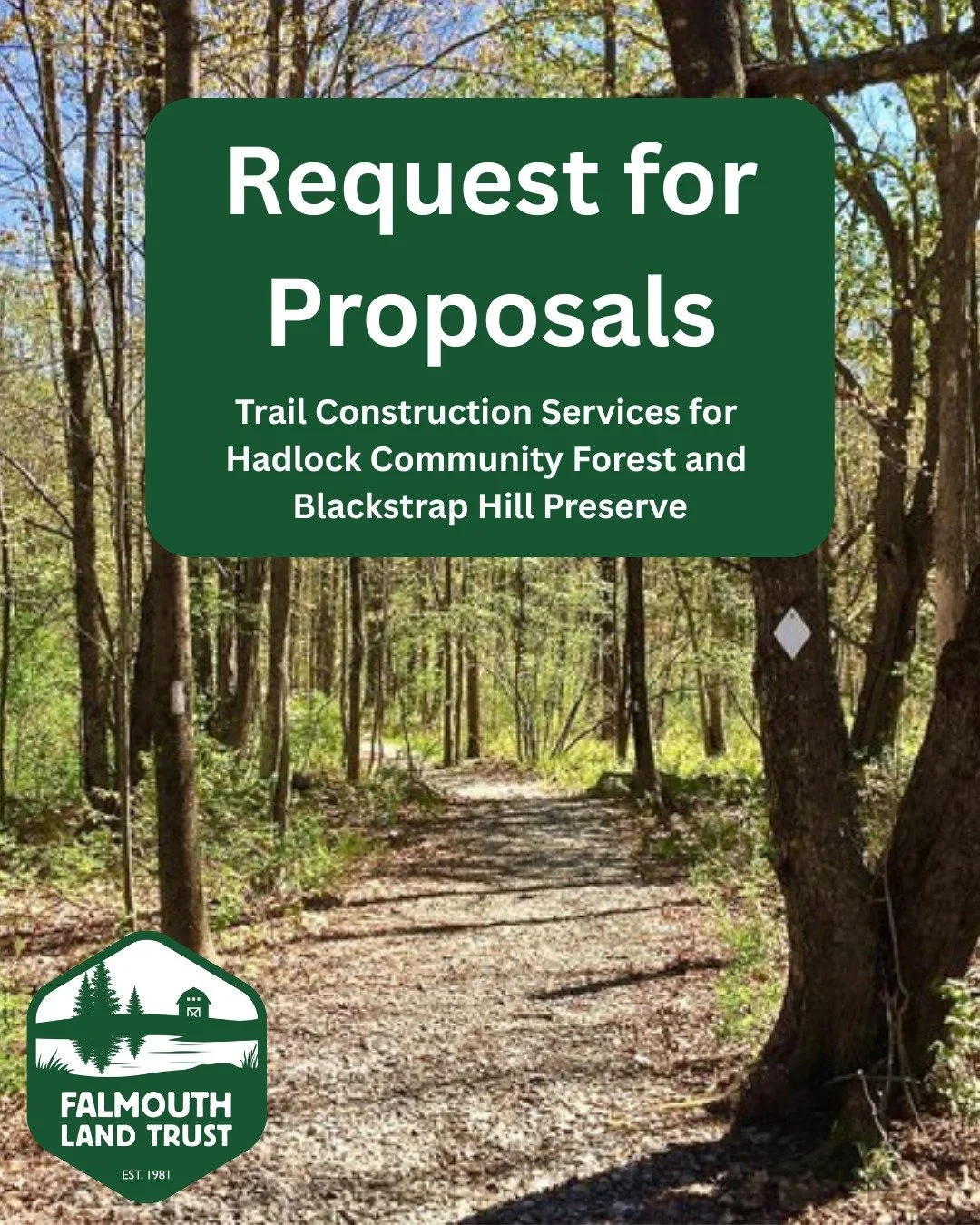 FLT is gearing up to start some major trail work at Hadlock Community Forest and Blackstrap Hill Preserve and Community Forest! 

We are requesting proposals from qualified contractors or trail-building organizations to support this work, which inclu